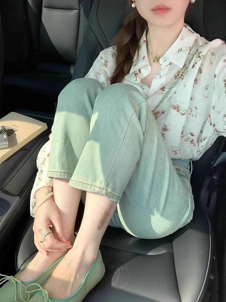 法式气质白色碎花polo领长袖衬衫女早春