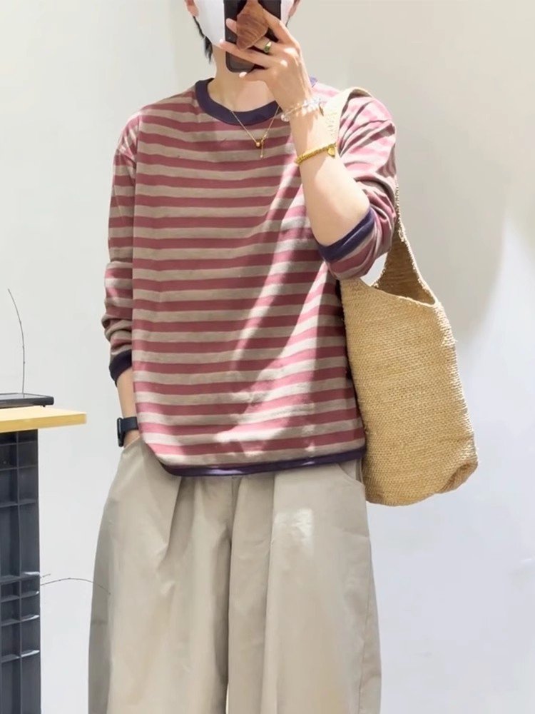 韩系单穿撞色条纹长袖正肩t恤女春秋小众独