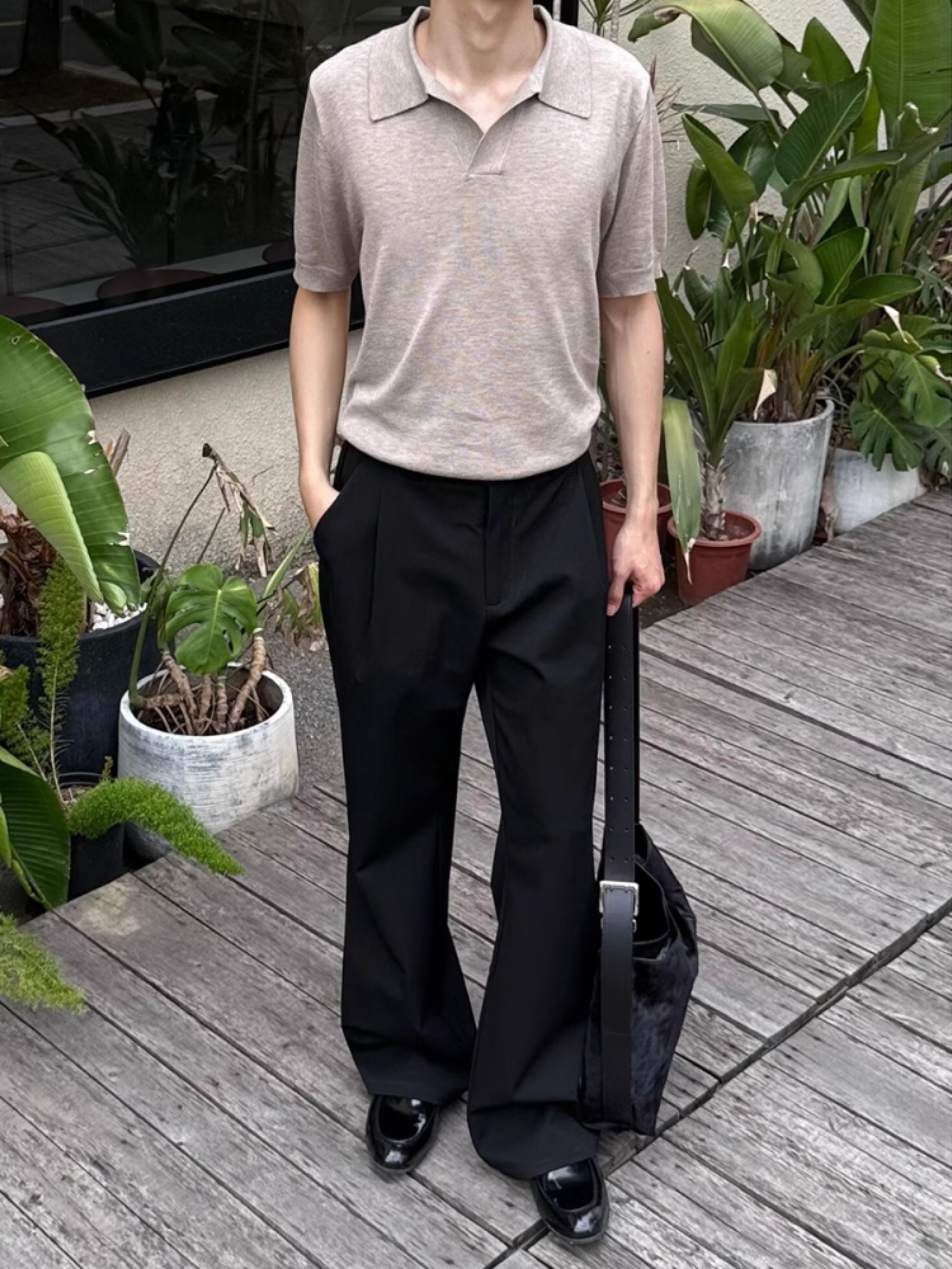 黑色垂感冰丝西裤男夏季薄款凉感褶皱弯刀裤