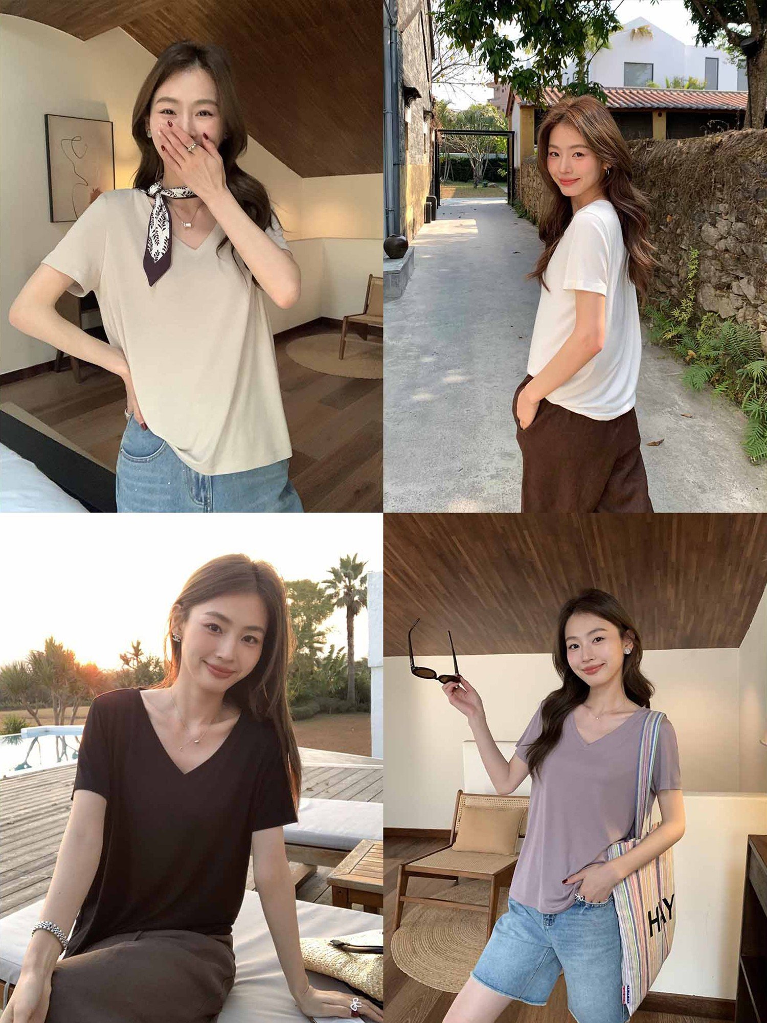 pusumede简约纯色v领短袖t恤女