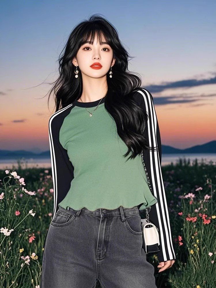 美式复古绿色插肩长袖t恤女春秋季木耳边下