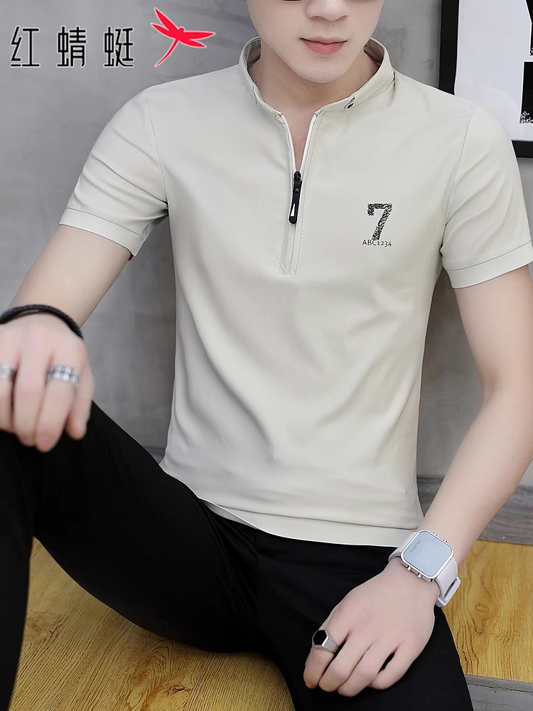红蜻蜓半拉链短袖t恤男士夏季冰丝Polo