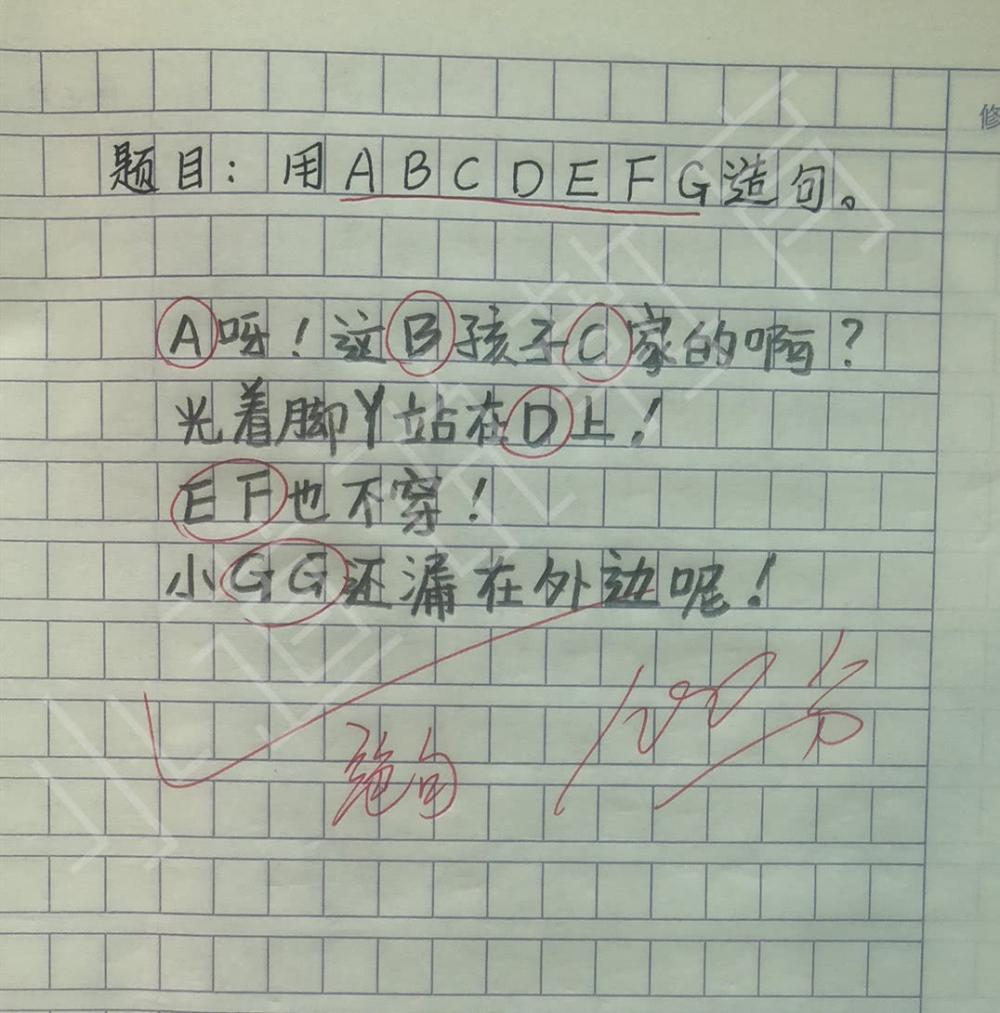 另外一个小朋友也很是有才,老师要求用abcdefg造句,这位小朋友还妙用