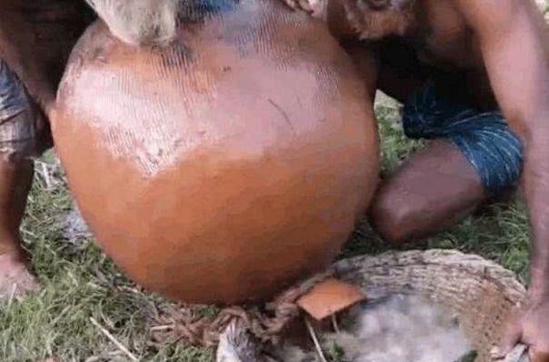 两名男子从水里捞出个大罐子, 结果推到岸边倒出的东西让他们乐了