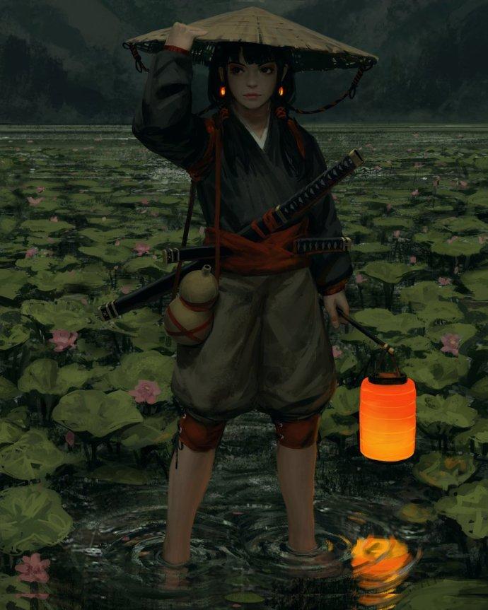 节操无次元  姬发的少女,带着斗笠,一只短剑.