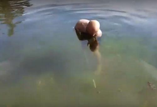 手拿一木棍在水中叉鱼, 上来一鱼身单薄、两边颜色不一样的怪鱼