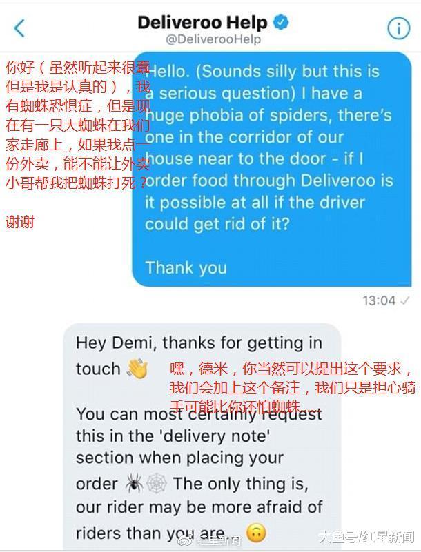 英国女生下单求助外卖小哥灭蜘蛛, 小哥: 其实我也很怕呀
