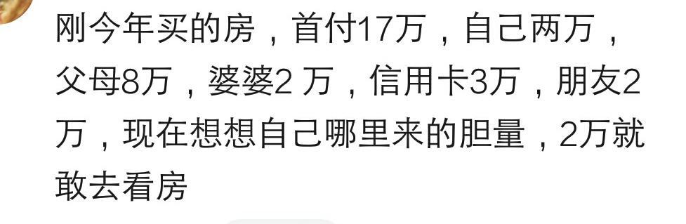 说说买房你自己出了首付钱的多少? 网友: 首付二十万, 借了十八万
