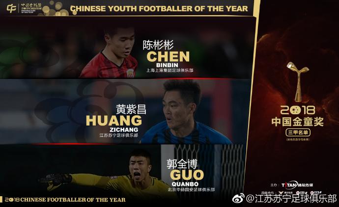 江苏苏宁球员黄紫昌入围2018