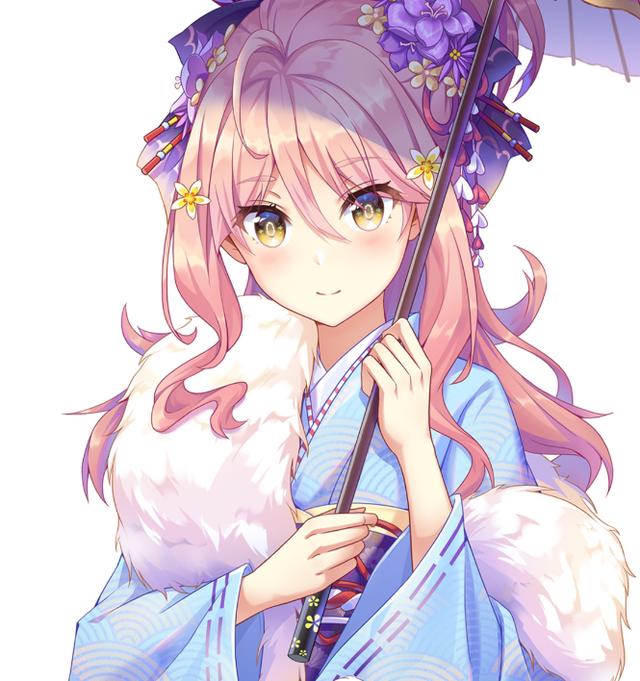 二次元和风动漫美图:身穿华丽和服,容光照人的卷发小姑娘!