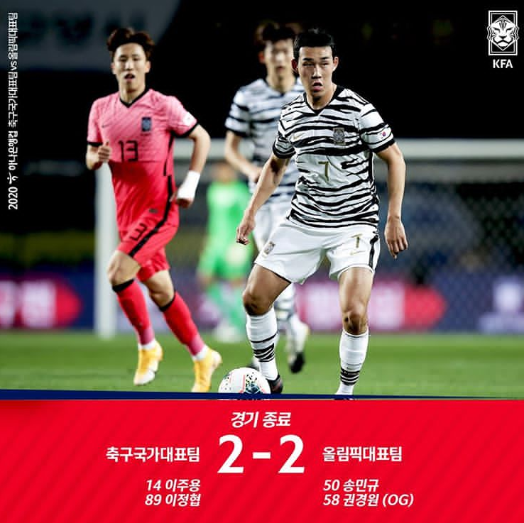 韩国国家队2-2战平韩国国奥队