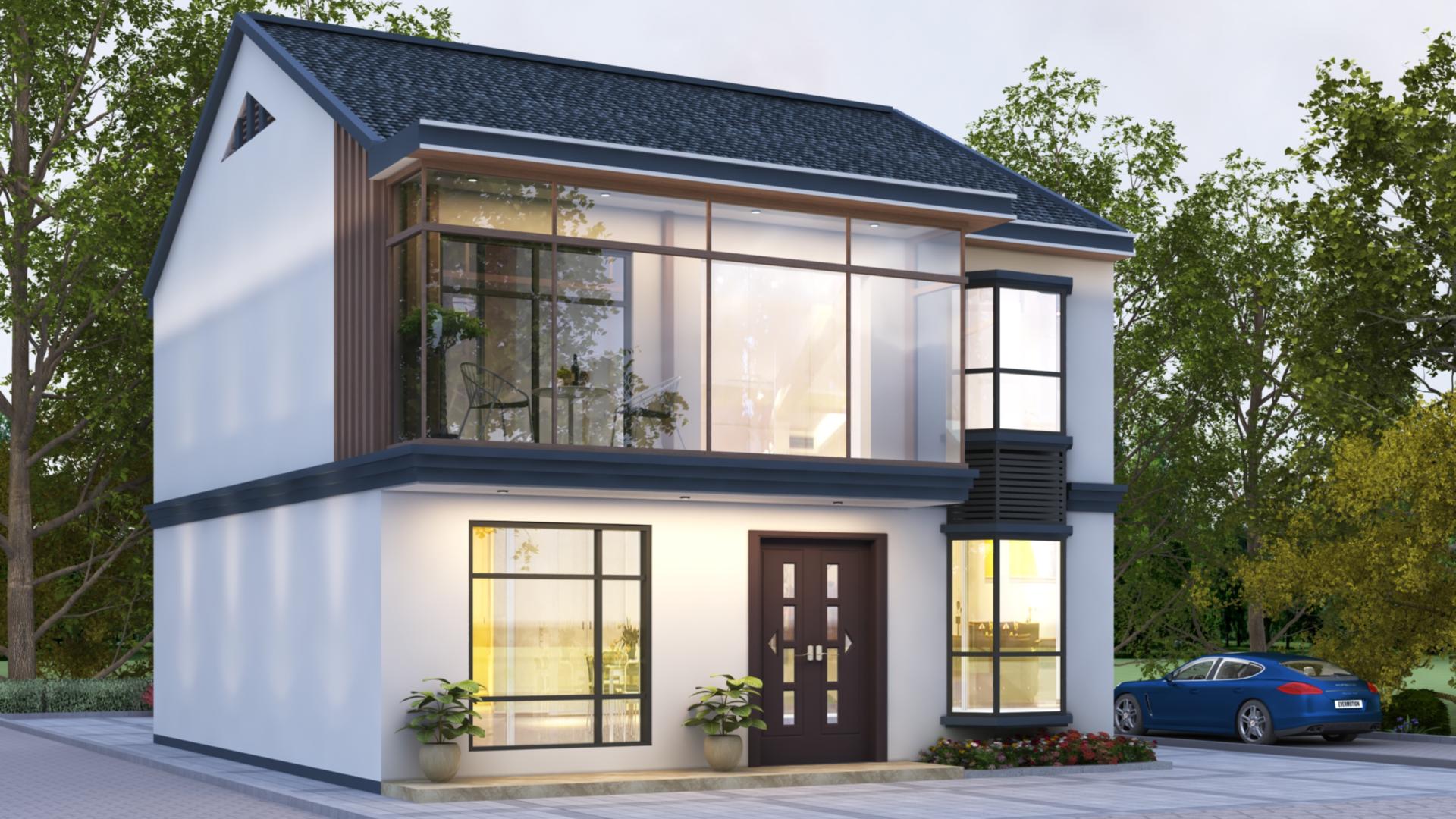 5卧2卫现代二层住宅，大方落地窗全包阳台