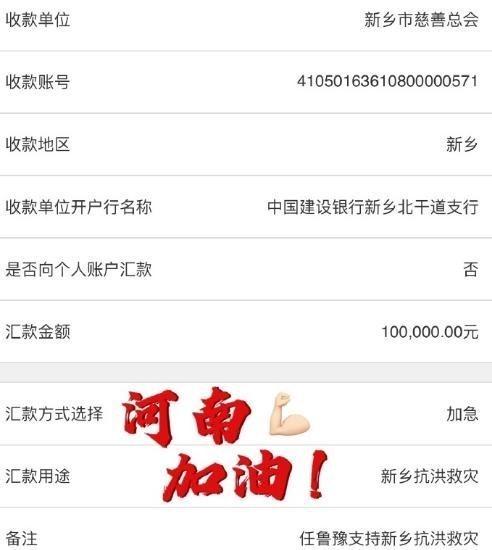 河南灾区的银行转账电子回单，回单显示此次任鲁豫为家乡捐助了10万元。任鲁豫为河南灾区捐款——10万捐