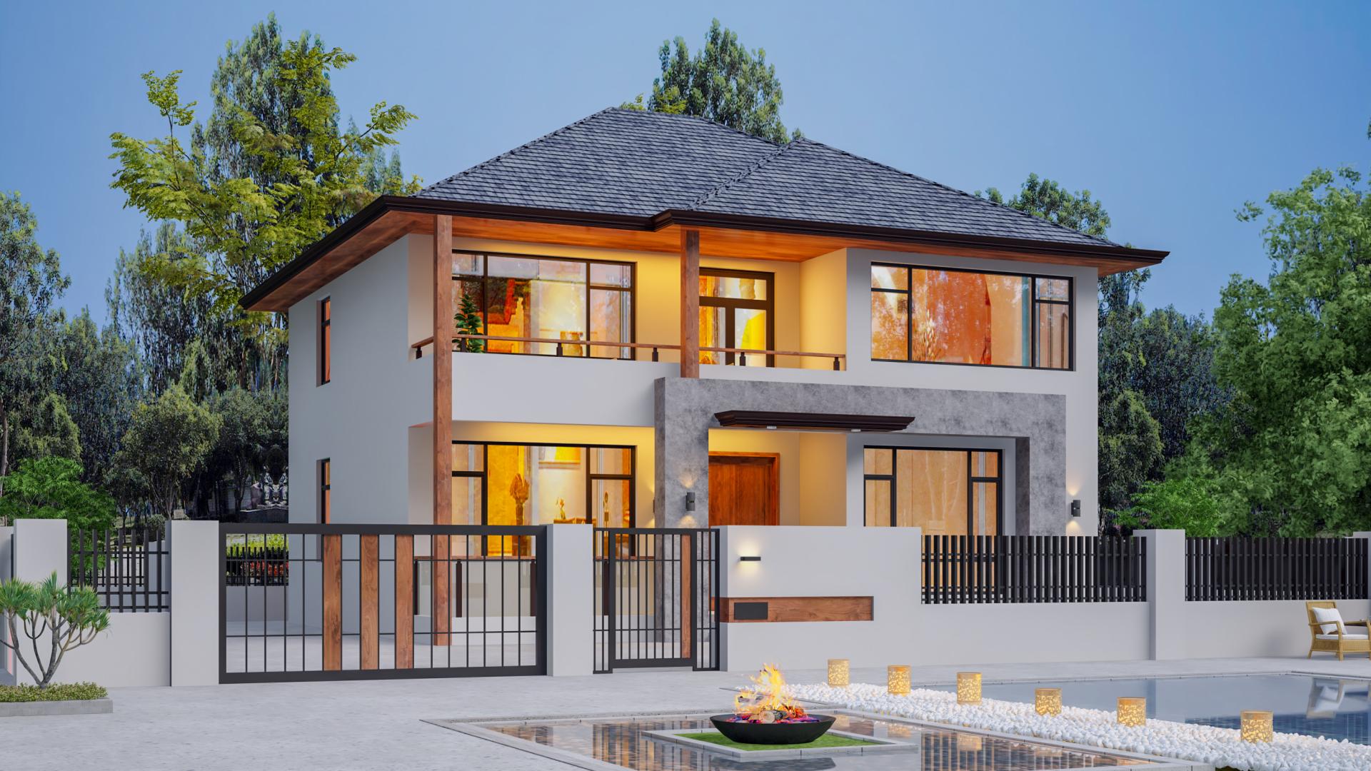 方正户型与整面落地窗，农村自建二层住宅