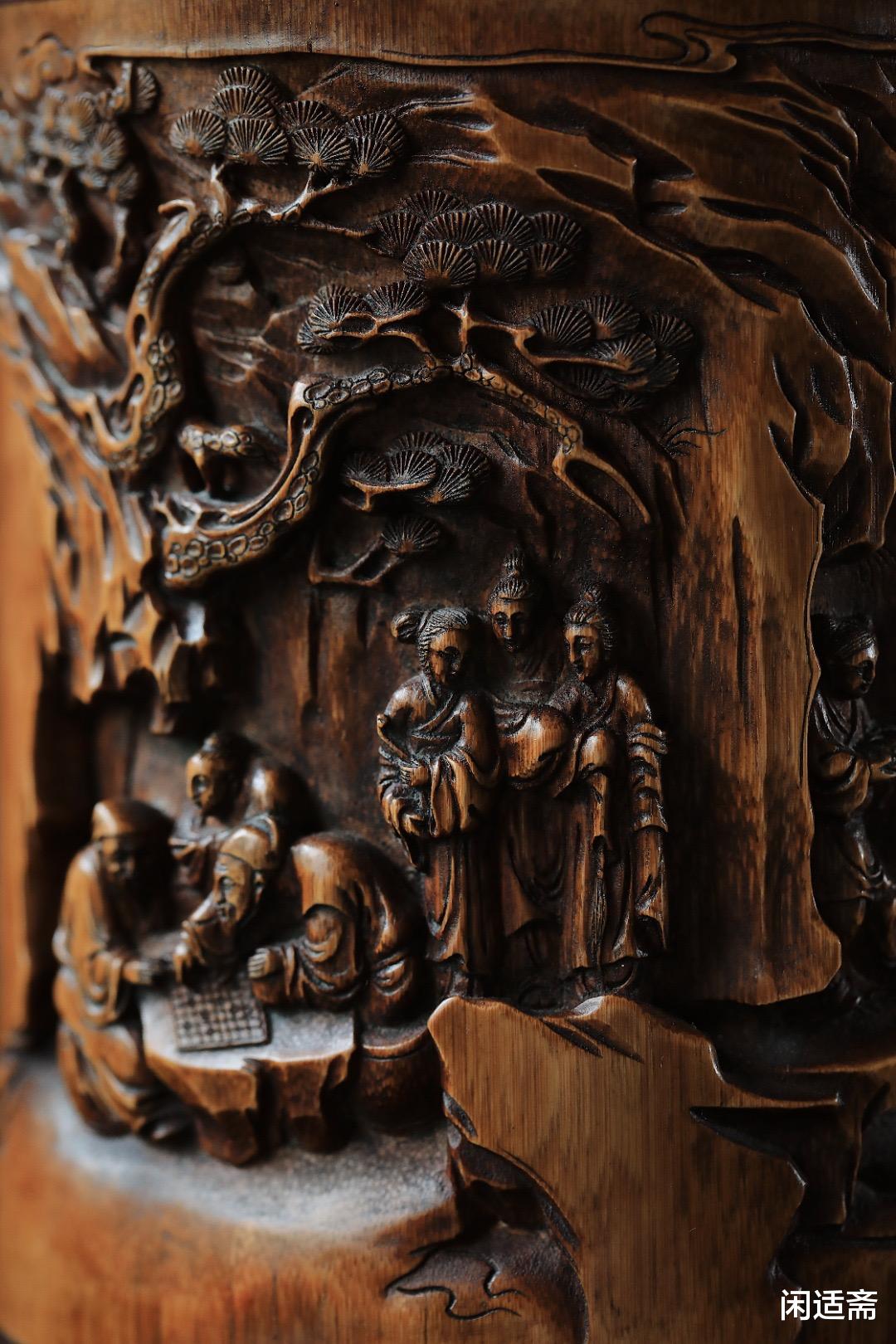 古い中国の竹製浮彫筆筒 19.4cm 1115 N37