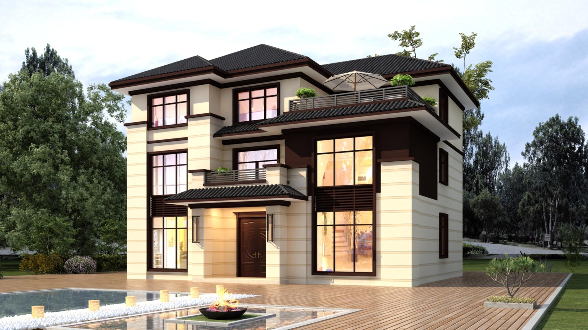 新中式三层住宅，挑空客厅+顶层露台