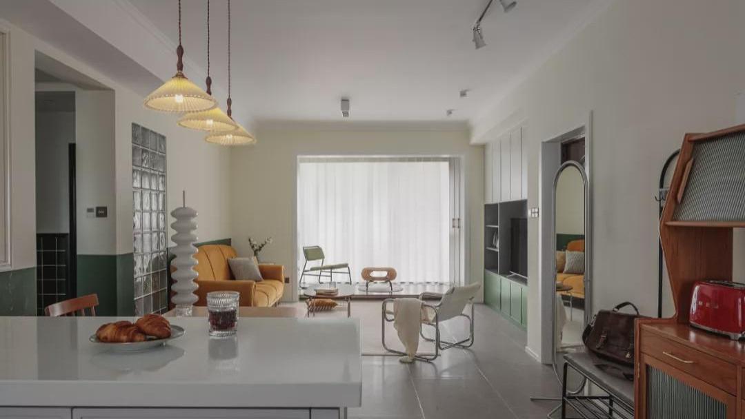 90㎡三室复古风装修，半墙打破“暗”房设计，大户型既视感