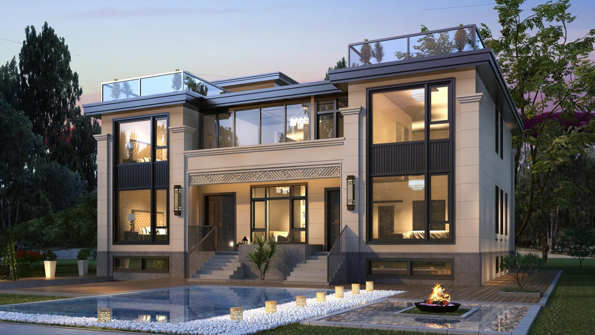 新中式二层带露台地下室，17*13大占地的布局