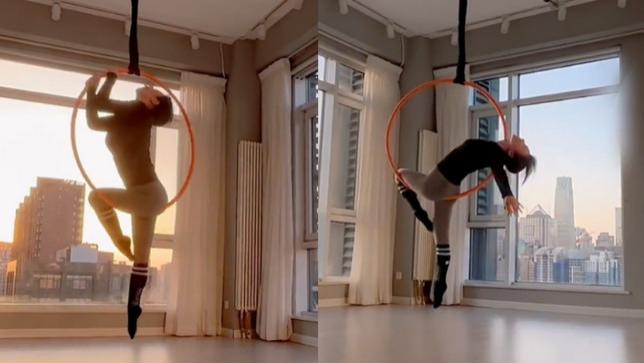 柳岩|42岁柳岩穿紧身衣秀丰润身材，吊环大玩瑜伽，一双长腿太吸睛