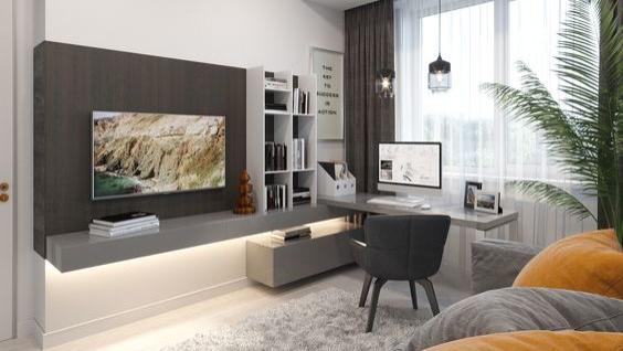 谁说空间小就不能有书桌，电视柜连着书桌做L型，也能实现学习办公区