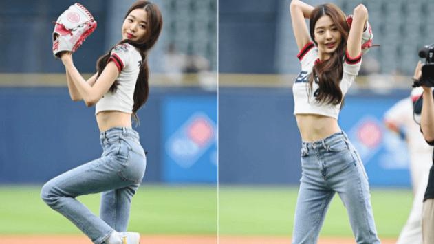 张元英|韩女星张元英为棒球赛开球，排骨身材配大长腿，头显得有点大