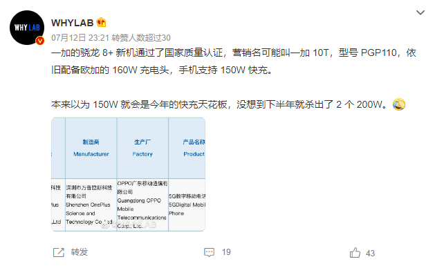 |骁龙8+新旗舰!一加10T入网:配备160W充电头
