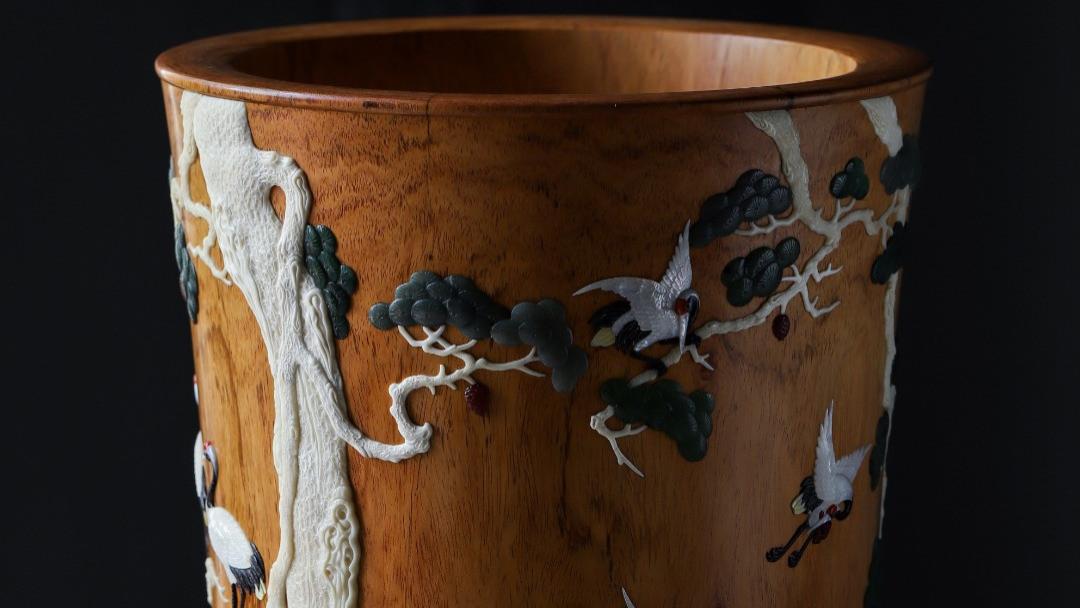 笔筒|文房案头珍藏重器，特大号黄花梨，百宝嵌松鹤笔筒