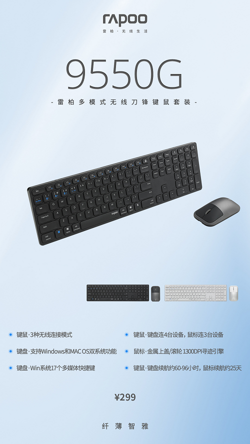 雷柏|全尺寸商务办公 雷柏9550G多模式无线刀锋键鼠套装上市