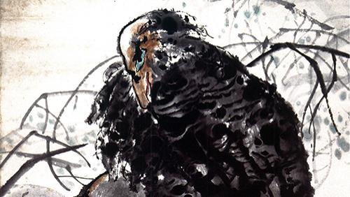 花鸟画《故土》中，温情融化了冰雪，凝成长长的冰凌