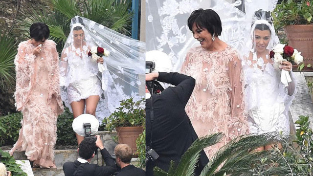 明星素颜|43岁卡戴珊大姐办古堡婚礼，婚纱裙太迷你像塑身衣，66岁妈妈又哭又笑