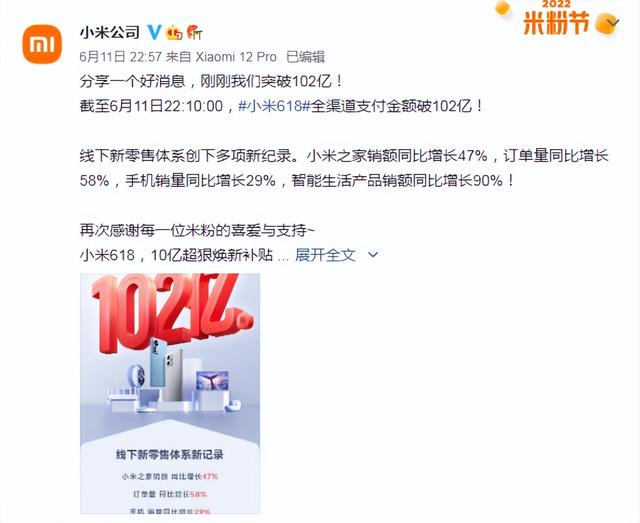 小米科技|小米：618全渠道支付金额破102亿元