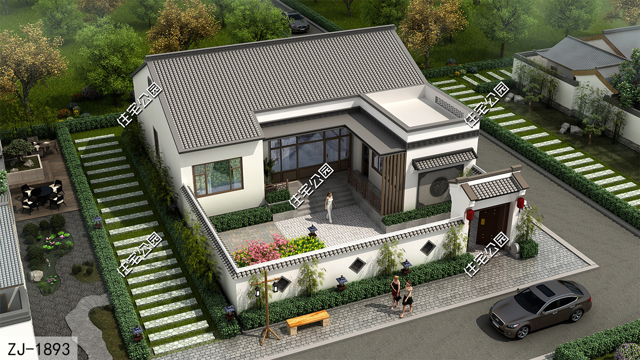 15×11米一层中式小院，6.8米大客厅+4间卧室+茶室，实用性拉满