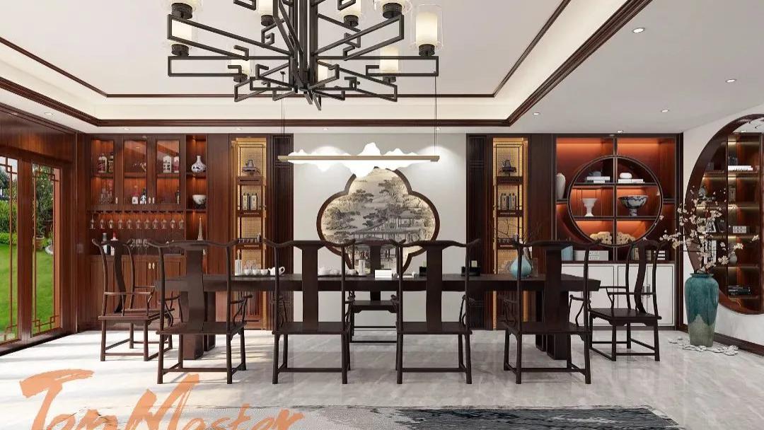 【鲁班装饰】融创文旅城298㎡新中式风格，半壁山房待明月，一盏清茗酬知音。