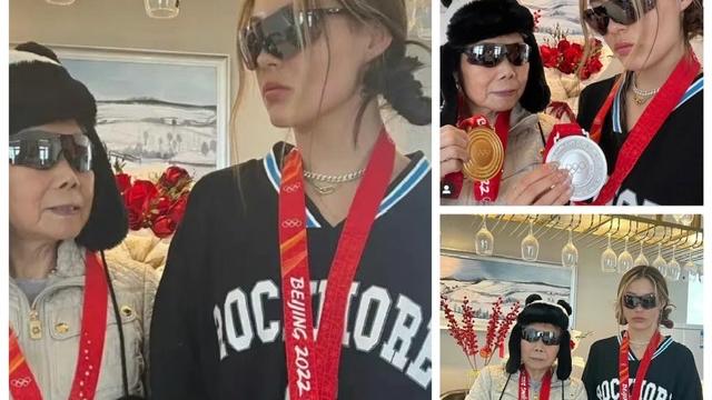 谷爱凌|谷爱凌晒出和奶奶身挂奖牌的新合影，又酷又可爱，表示已为决赛做好了准备！