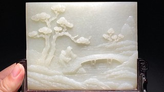 乾隆|清乾隆 和田玉籽料 白玉 溪山高隐图 诗文 玉屏风 砚屏 摆件