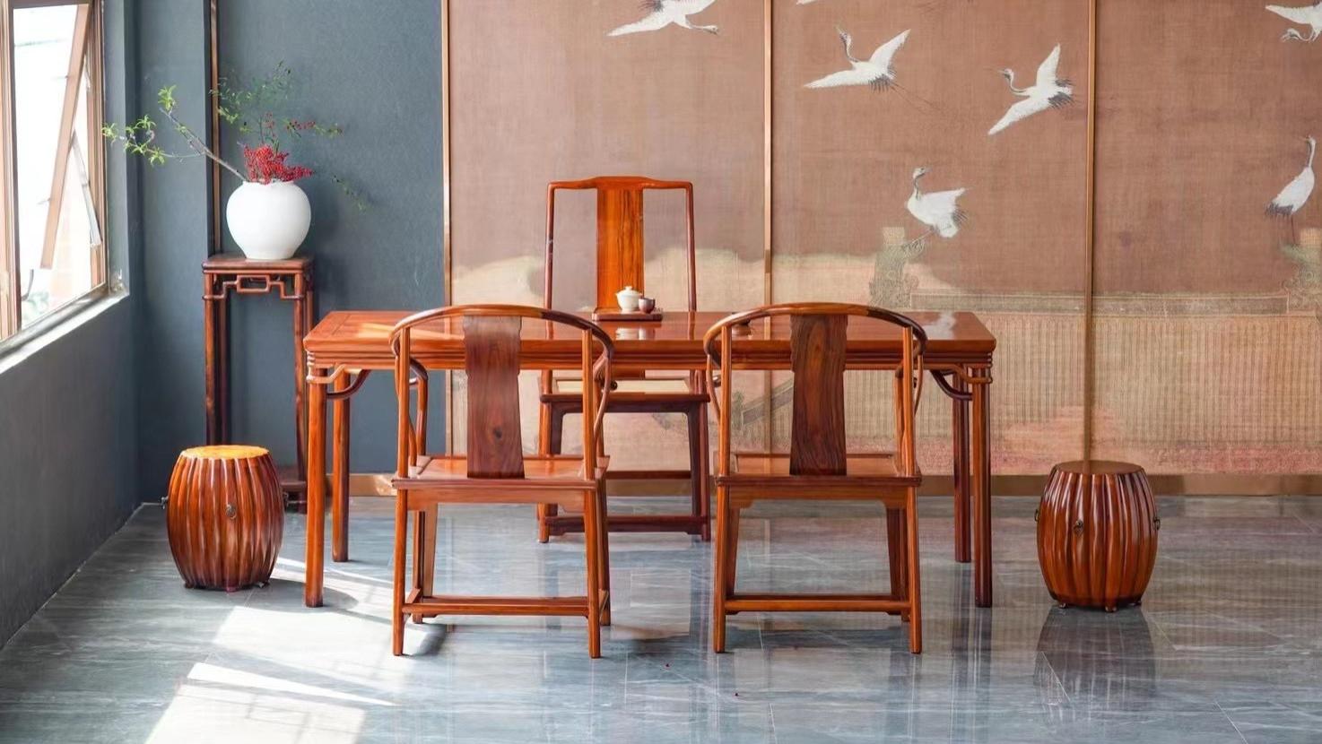 明式经典家具，妙仿竹纹，白酸枝，裹腿高罗锅枨大画桌