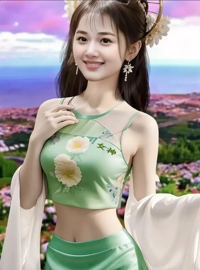 美女频动仙在舞，
婀娜一势醉千古。
惊羡姿色非凡品，
挂在梦里枕画图。