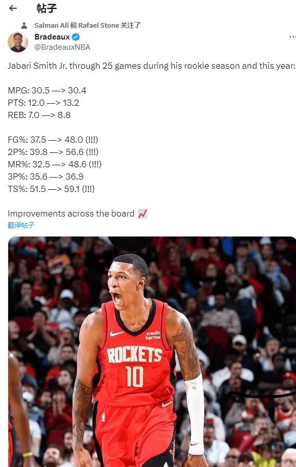 最近记者Bradeaux在社交媒体上晒出了火箭队2022届探花小贾巴里-史密斯在