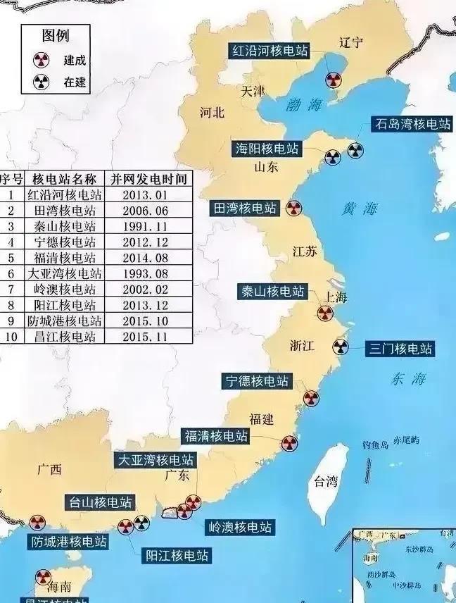 中国有11座核电站，基本都是围绕沿海。因为需要有稳定的水源来进行散热和方便排放处