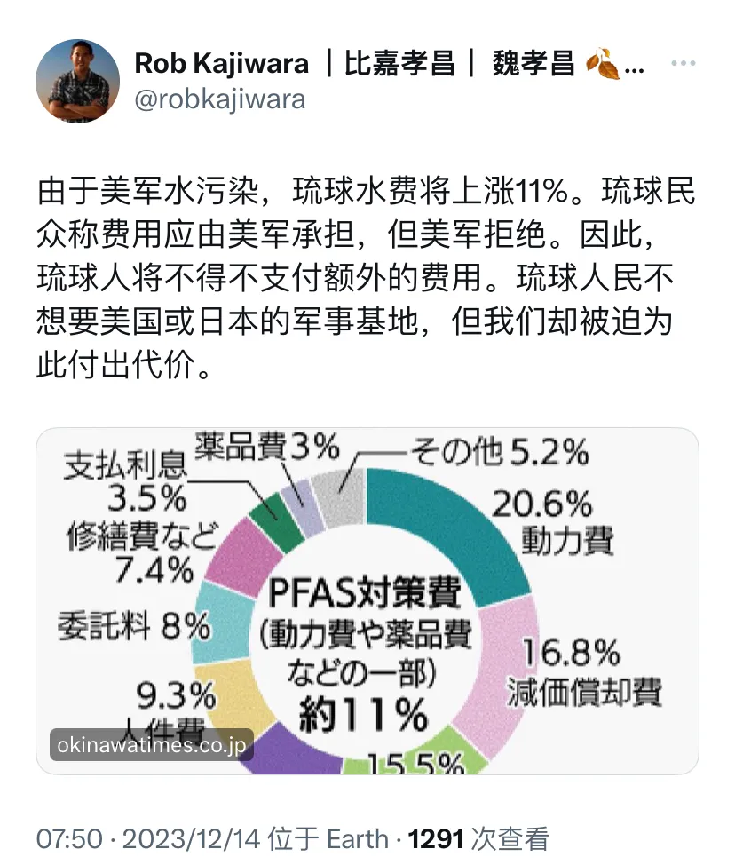 琉球人比嘉孝昌/魏孝昌今天（12月14日）写道：“由于美军水污染，琉球水费将上涨