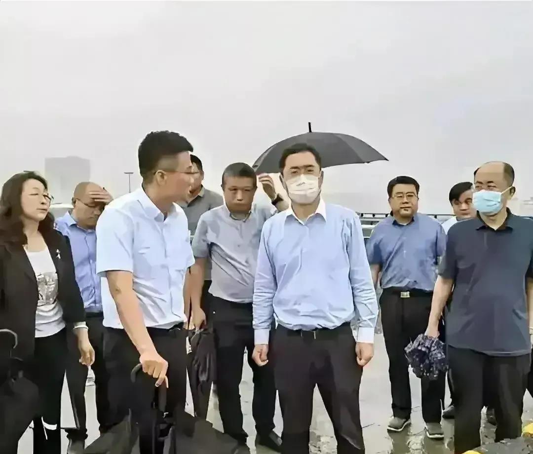 这幅照片令人感到耐人寻味。在这张照片中，领导正在进行视察工作，天空中正在下着雨。