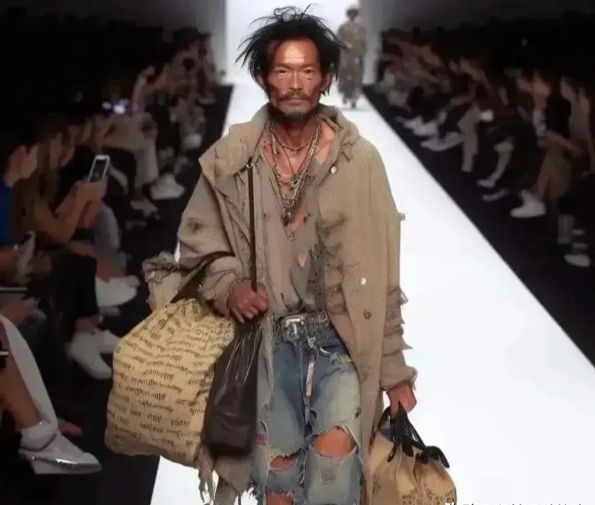 
这种时尚谁人懂，一位衣衫褴褛瘦骨嶙峋的男子，拿着两包东西走在T台上，不看背景还