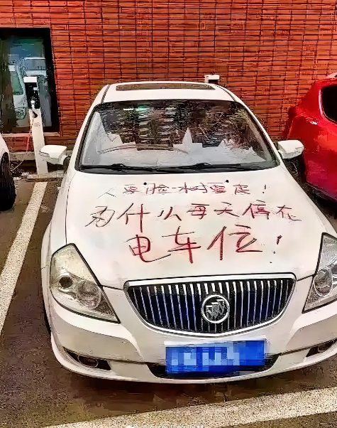 一辆白色的汽油车每天停在充电车位，旁边的电车车主因此充不了电，电车车主对此气愤不