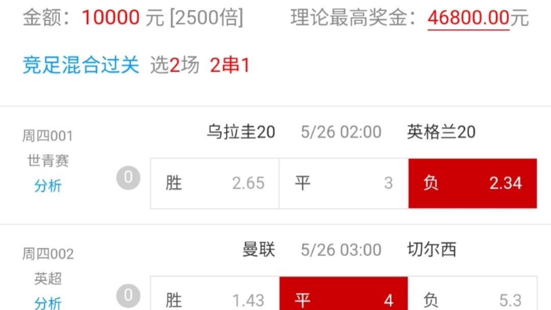 5月25日竞彩足球二串一推荐：曼联VS切尔西，暴击4.6w+