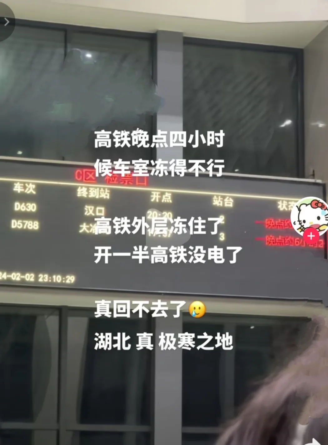 武汉高铁都被冻住了[捂脸]，今天所有高铁过境湖北都是降到30以下的速度。[泪奔]