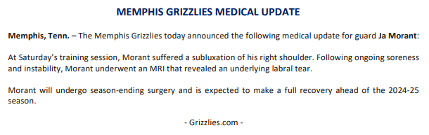 今天灰熊队发布了一条不好的消息，他们的当家球星莫兰特，将会接受右肩关节唇肌肉撕裂