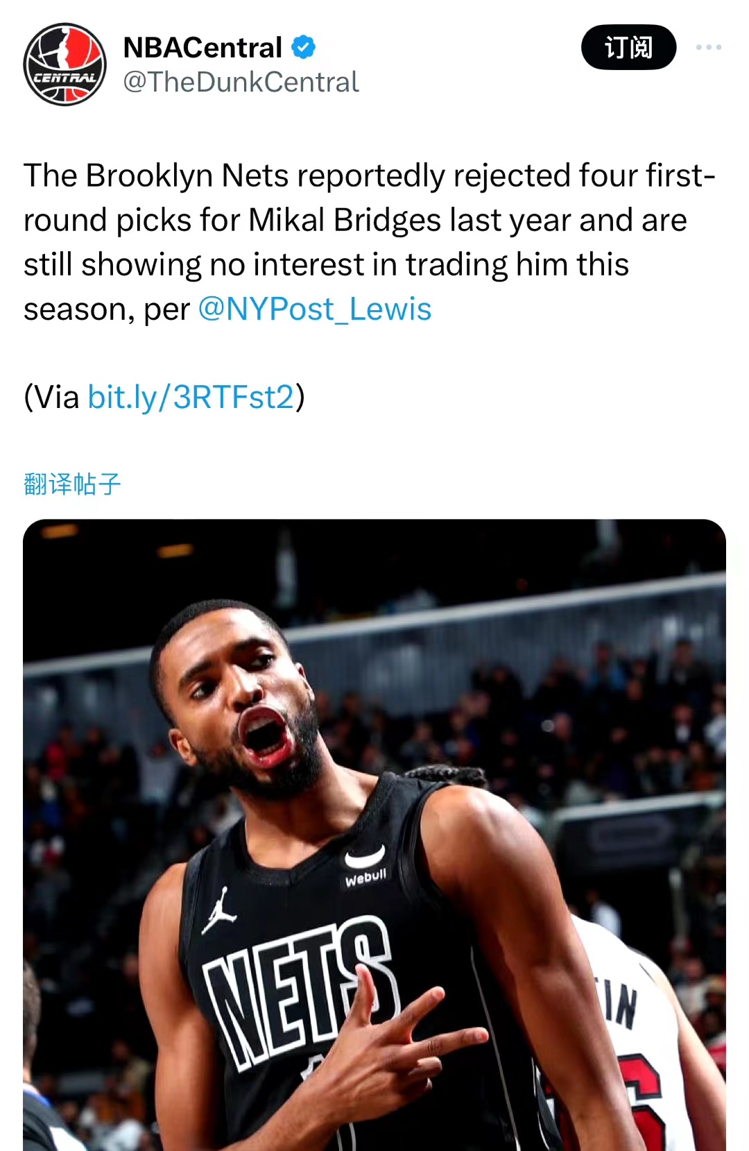 据篮网记者Lewis表示，去年篮网为了留下布里奇斯，拒绝了灰熊队4个首轮选秀权的