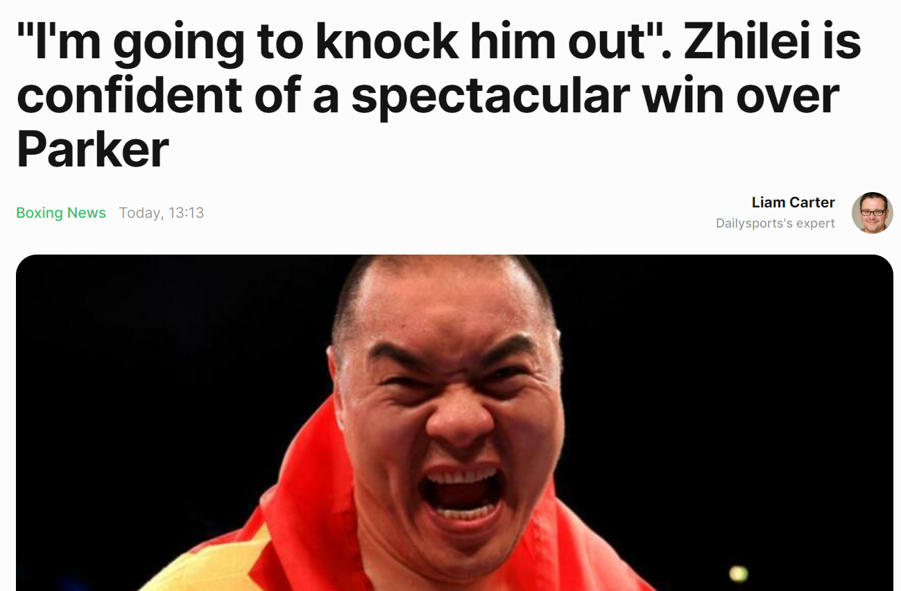 “大爆炸”张志磊在谈到3月8日与新西兰拳王帕克的比赛时表态，相信一定会击败帕克，