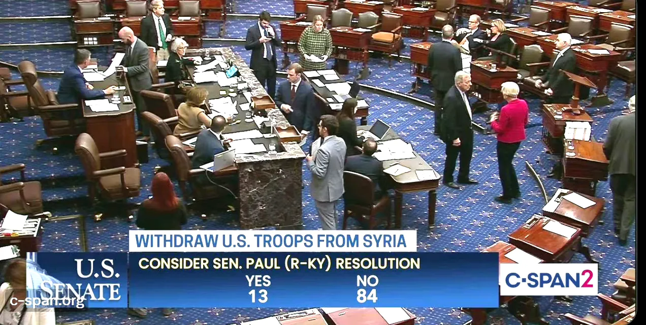 快讯！美国参议院就一项要求美国占领军从叙利亚撤军的决议草案进行投票

当地时间1