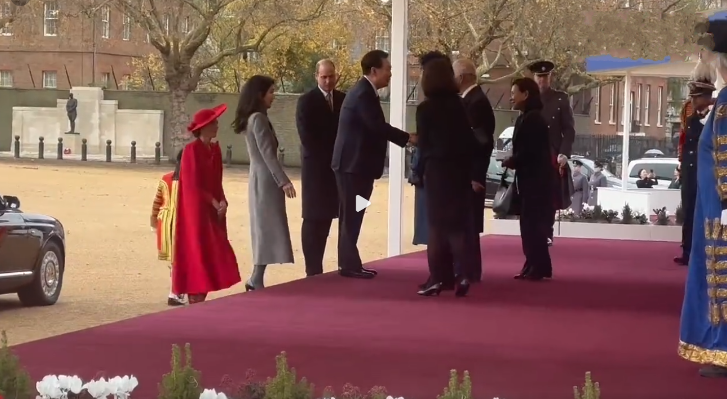 韩国夫人终于见到了英王，站在老公身后等着握手，一个重心不稳差点儿摔倒，好在她很快